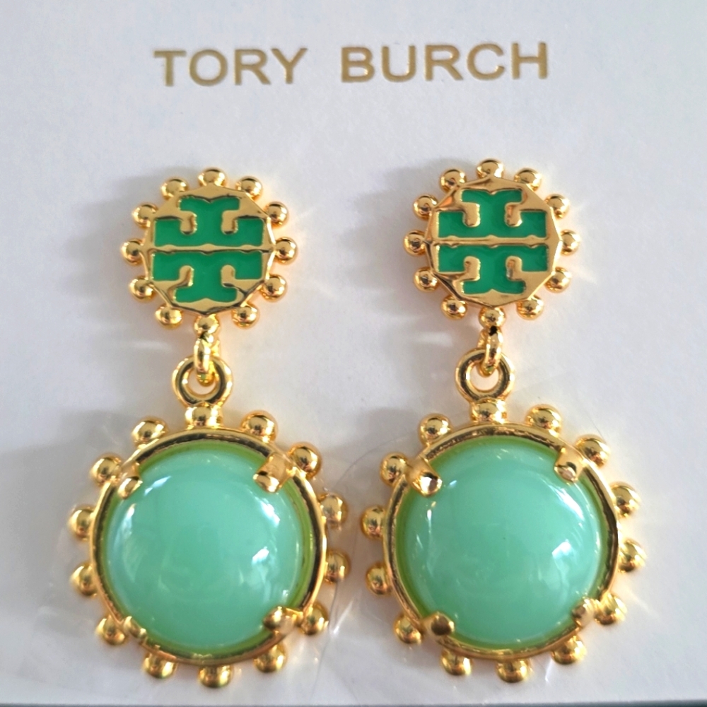 Tory Burch Gold and Green Dangle Earrings with Logo